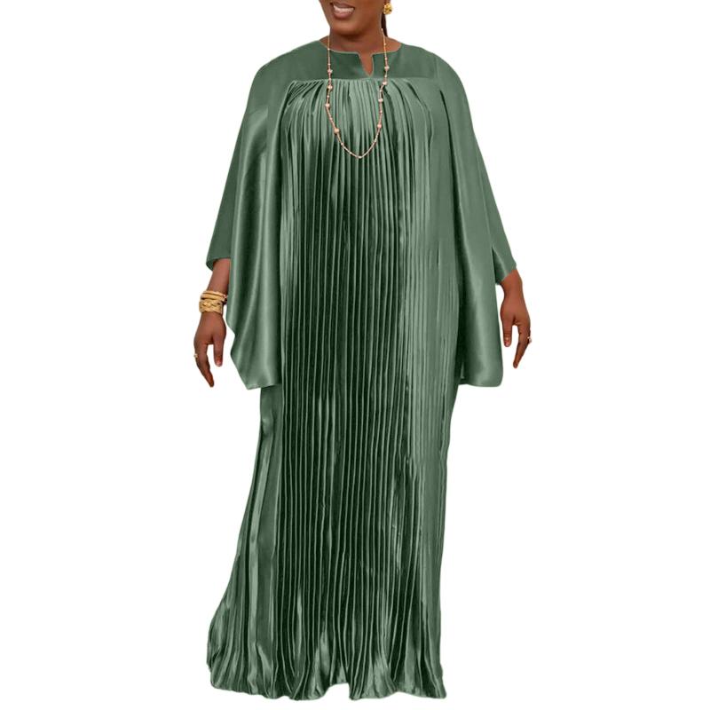 Women O Neck Batwing Sleeve Pleating Casual Long Oversized Dress Robes