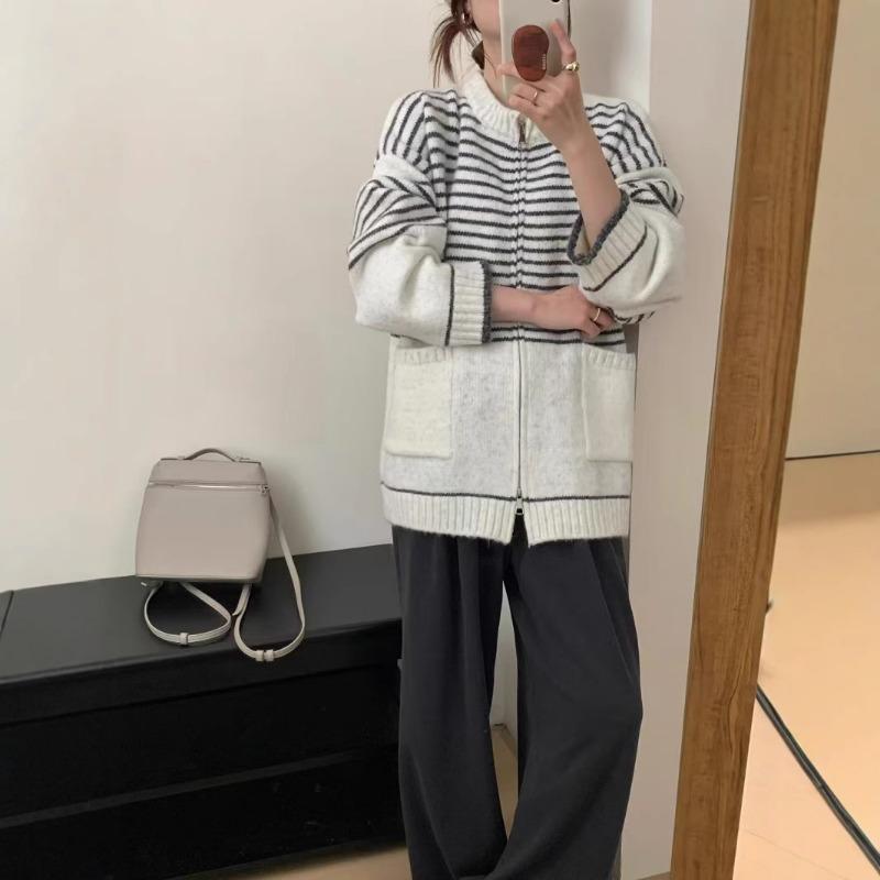 Autumn and Winter New Striped Knitted Sweater Women's Cardigan New Loose Lazy Wind Contrasting Color Sweater Jacket