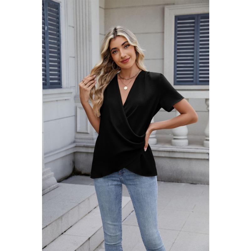 

Summer new simple fashion v-neck women s pullover casual solid color t-shirt for women S чорний