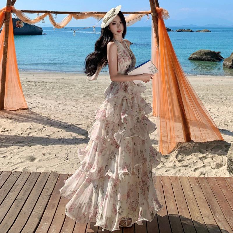 New French Vacation Print Neck Chiffon Cake Long Dress Women's Collar Dress Summer Super Fairy Photo