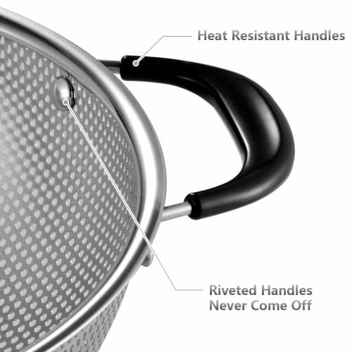 Tiawudi 18/8 Stainless Steel Colander, Easy-Grip Micro-Perforated 5-Quart Colander with Riveted and Heat-Resistant Handle, BPA-Free, Ideal for Pasta,