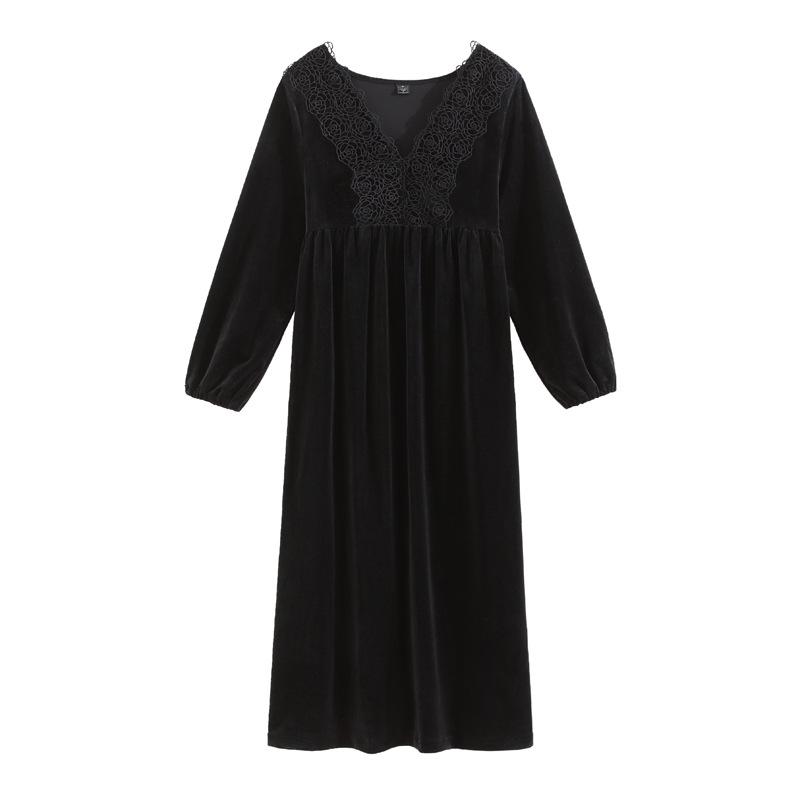 Court Style Women's Long Sleeve Nightgown - Spring/Autumn/Winter, Warm Black Pajamas, Slim Fit, Plus Size Homewear
