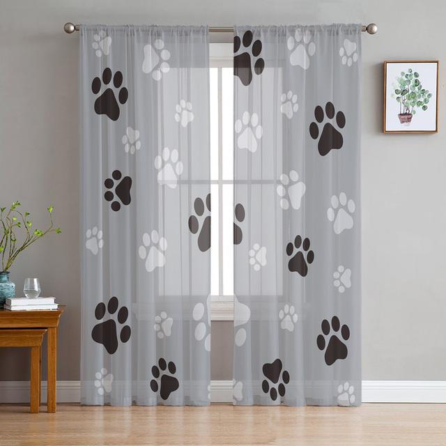 Cartoon Pet Paw Footprint Tulle Curtains For Living Room Bedroom Decoration Chiffon Sheer Voile Kitchen Window Curtain Drapes