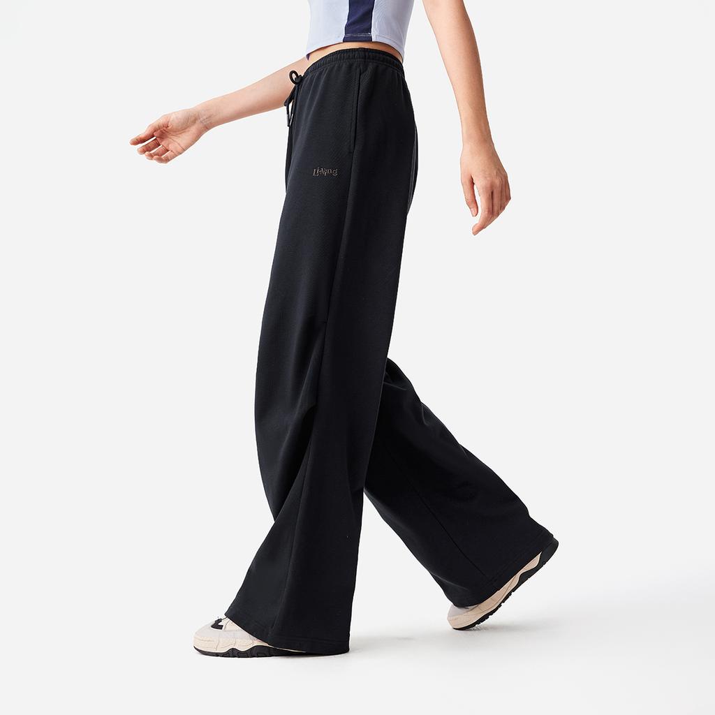 Li-Ning Simple Mid-Waist Solid Color Straight Leg Drawstring Knit Sports Pants Women bottoms Black AKLV270-4