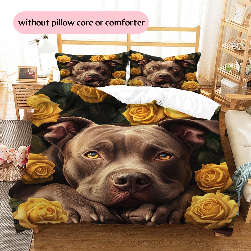 Pitbull and roses Pattern Bedding Home Decoration Birthday Gift (1 * duvet cover + 2 * pillowcase, without core)