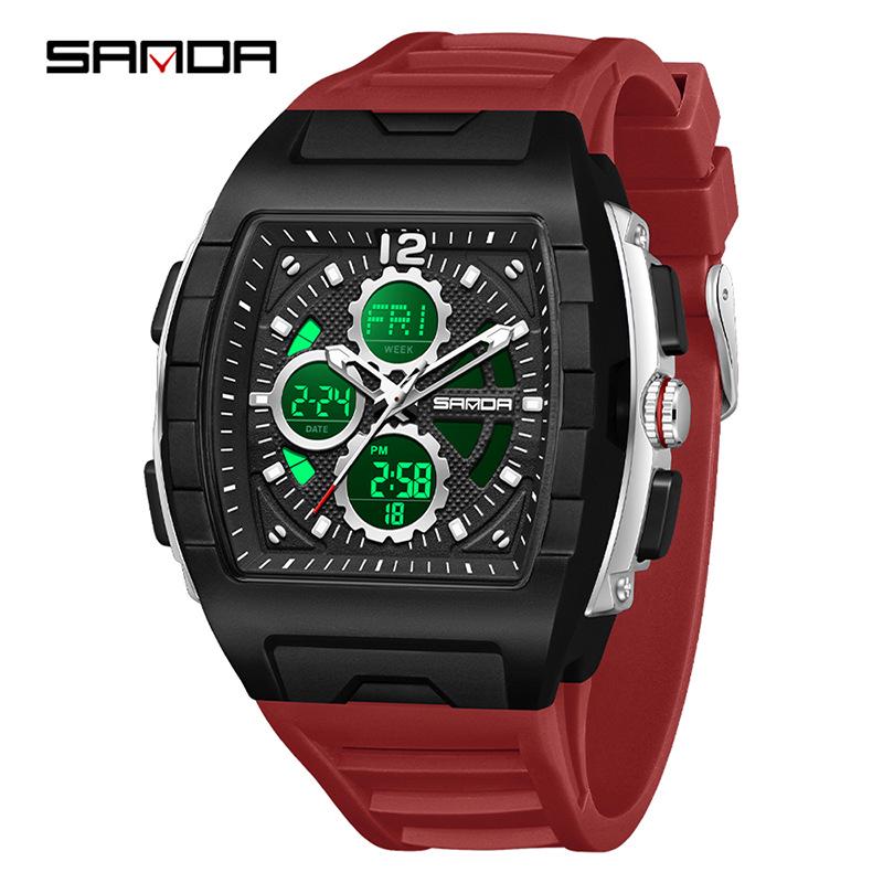 Sanda Men's Sports Barrel-Shaped Luminous Countdown Watch with Triple Time Zone and Dual Display, Waterproof Design.
