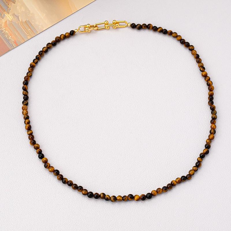 Copper Chain Necklace With Brown Tiger Eye Beads U-Shaped Clasp Vintage Boho Choker Women Men Winter