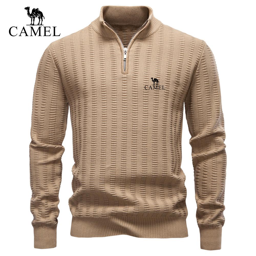 Camel Herbst- und Winter-Stickerei 2026 Neuer gestreifter Jaquard Herren-Pullover Übergröße, Halber Reißverschluss Stehkragen Business-Pullover