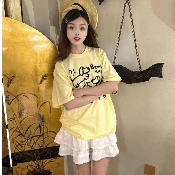 Summer Casual Loose T Shirt Women's Streetwear Harajuku Vintage Funny Cartoon Print yellow Short Sleeve T-shirts Women Y2k Tops