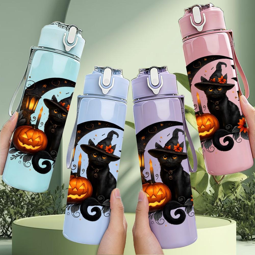 1PC Moon Black Cat Pumpkin Halloween 750ml Color Plastic Sports Water Bottle Leakproof Flip Straw Lid Suitable for Sports Office Home Use