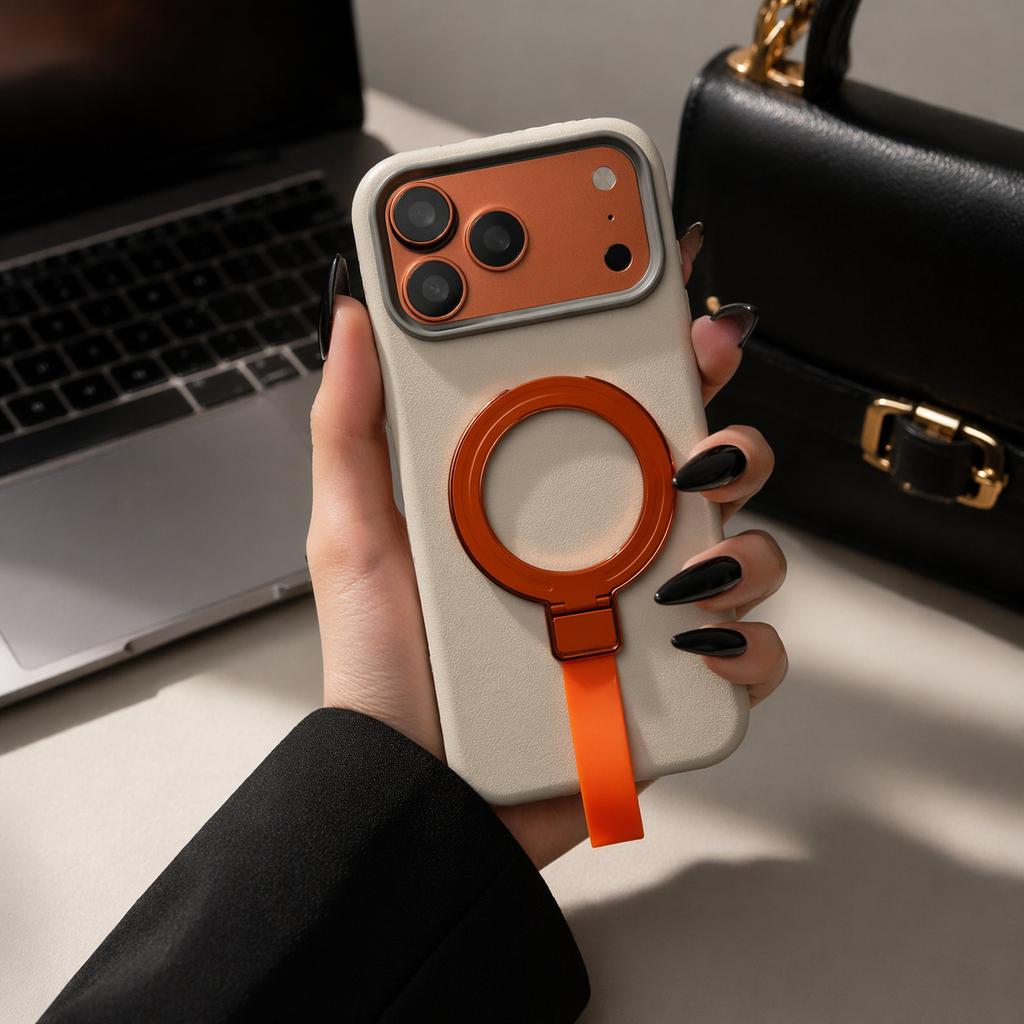 Premium sense business application iPhone18 portable rope magnetic suction bracket mobile phone case Apple 17promax leather pattern case