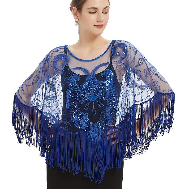 Mesh Sequin Tassel Shawl Evening Gown Strapless Wedding Dress with Elegant Beaded Cape Cover-up
