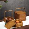 Vintage Bamboo Woven Double Layer Food Box Tea Set Storage Basket Dustproof Snack Container
