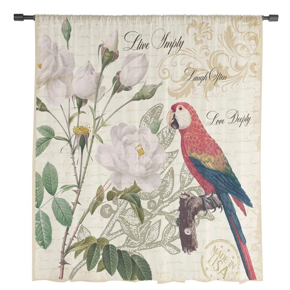 Parrot Bird Rose Flower Retro Sheer Curtains for Living Room Decoration Window Curtain Kitchen Tulle Voile Organza Drapes