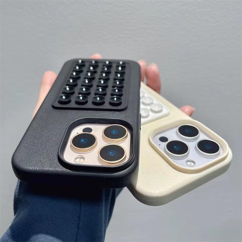 Luxury 3D Suction Cup Stand Litchi Pattern Phone Case For iPhone17 16 15 14 Plus 13 12 11 Pro Max XR X XS Soft Shockproof Cover