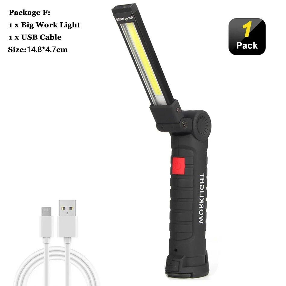 USB Rechargeable COB LED Flashlight Portable Work Light Magnetic Hook Torch Camping Lamp with Built-in Battery Car Repair Lamp