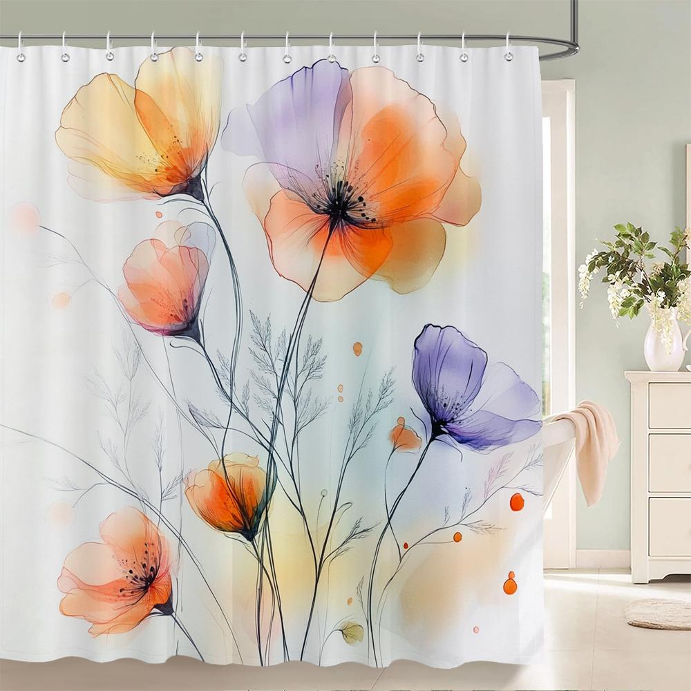 Watercolor Flowers Shower Curtain, Floral Plant Bathroom Decorative Shower Curtain, Waterproof Shower Curtain with Hooks