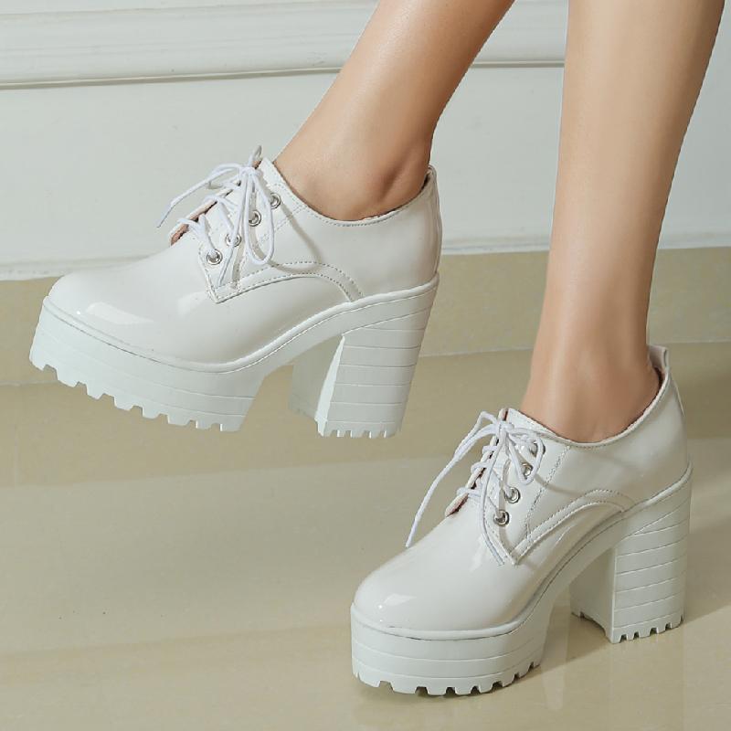 Schnürpumps Schuhe Frau Plateau Punk High Heels Weiblich Sexy Schwarz Weiß Beige Damen Absatzschuhe Runde Zehenpartie Partyschuhe Damen