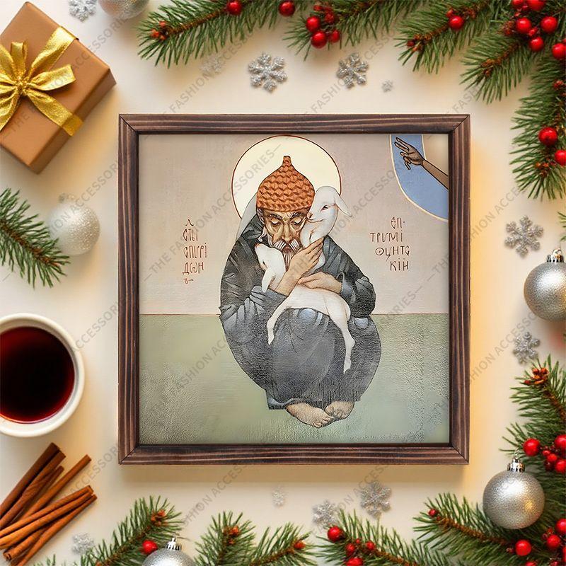 Decorative painting of Orthodox icons,Consecrated icon "St. Spyridon of Trimifunt",Photo frame painting,Christian Wall Art,20cm*20cm,Spiritual gift