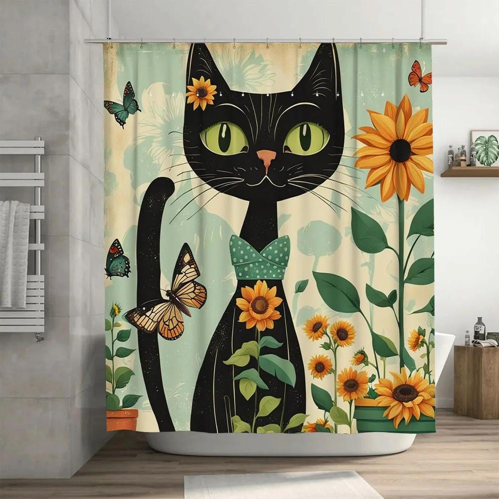 Vintage Chic Black Cat Shower Curtain With Sunflowers Perfect Bathroom Decor Gift For Her