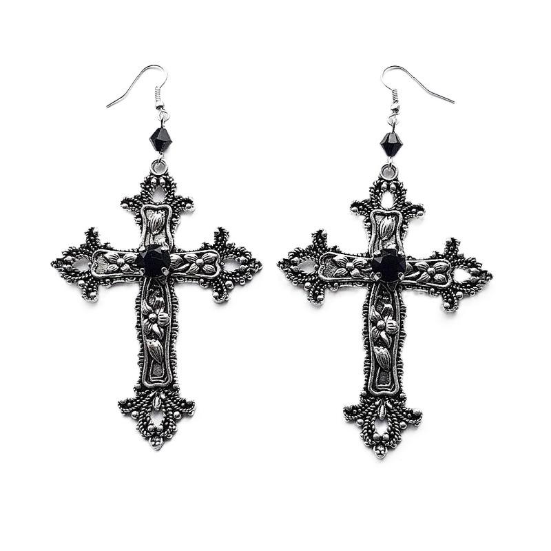 Goth Large Detailed Cross Black Drill Jewel Earrings Silver Color Gothic Punk Jewellery Fashion Gorgeous Statement Women Gift