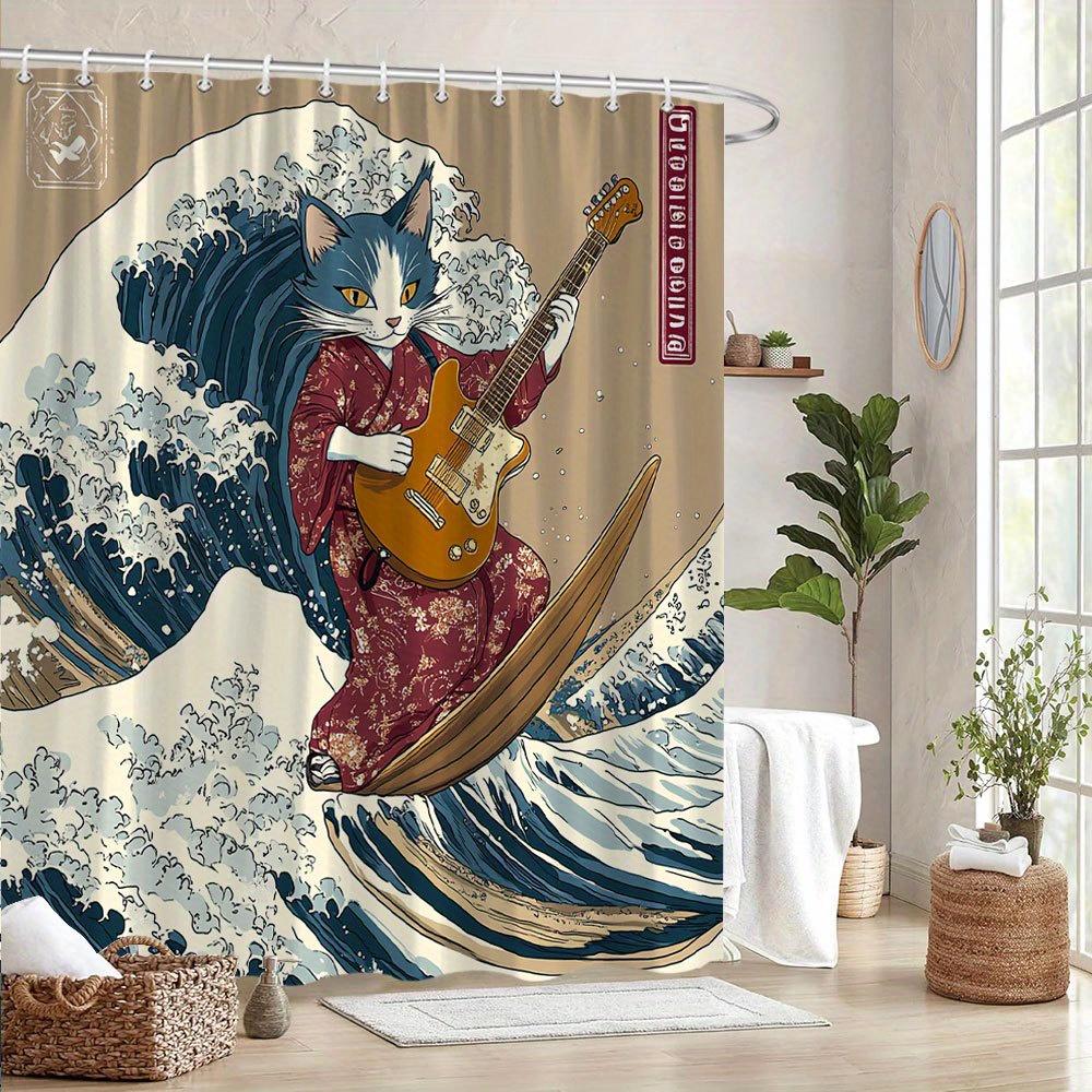 Unique Cat Playing Guitar Print Waterproof Shower Curtain for Bathroom, Japanese Wave Design High-End Toilet Partition Curtain W90XH180cm