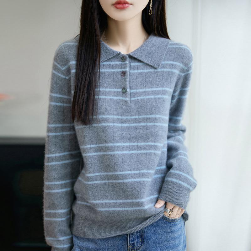 Women's 100% Pure Wool Color Block Stripe Knit Sweater - 2025 Autumn/Winter Collection