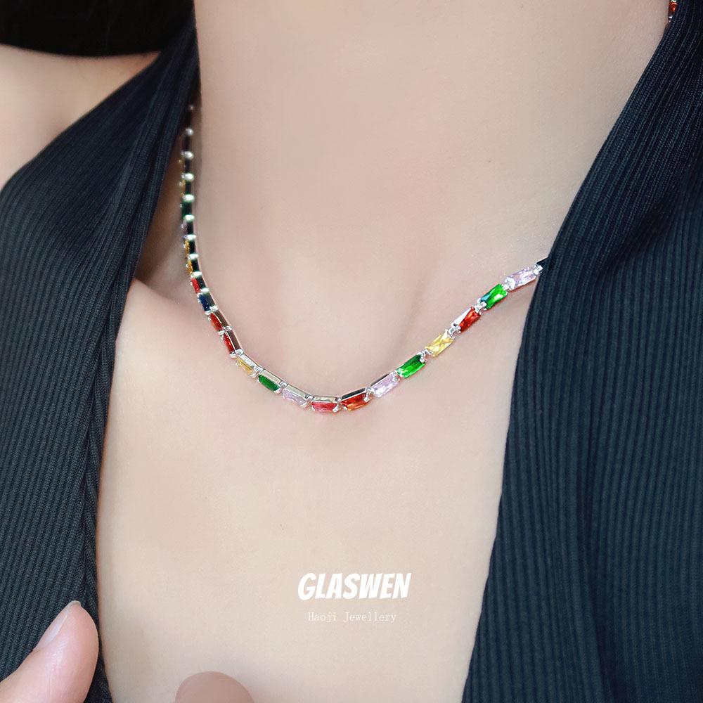 Cold Wind Color Zircon High-End Full Diamond Simple Necklace Women'S Collarbone Chain Trend Light Luxury Jewelry Neck Chain
