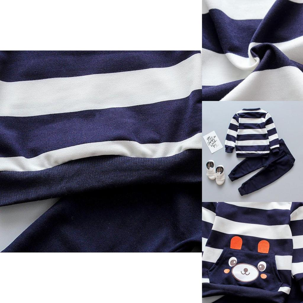 Stylish Bear Stripe 2pcs Toddler Kids Baby Boy Girl Sweater Coat Tops+pants Outfits Clothes Set