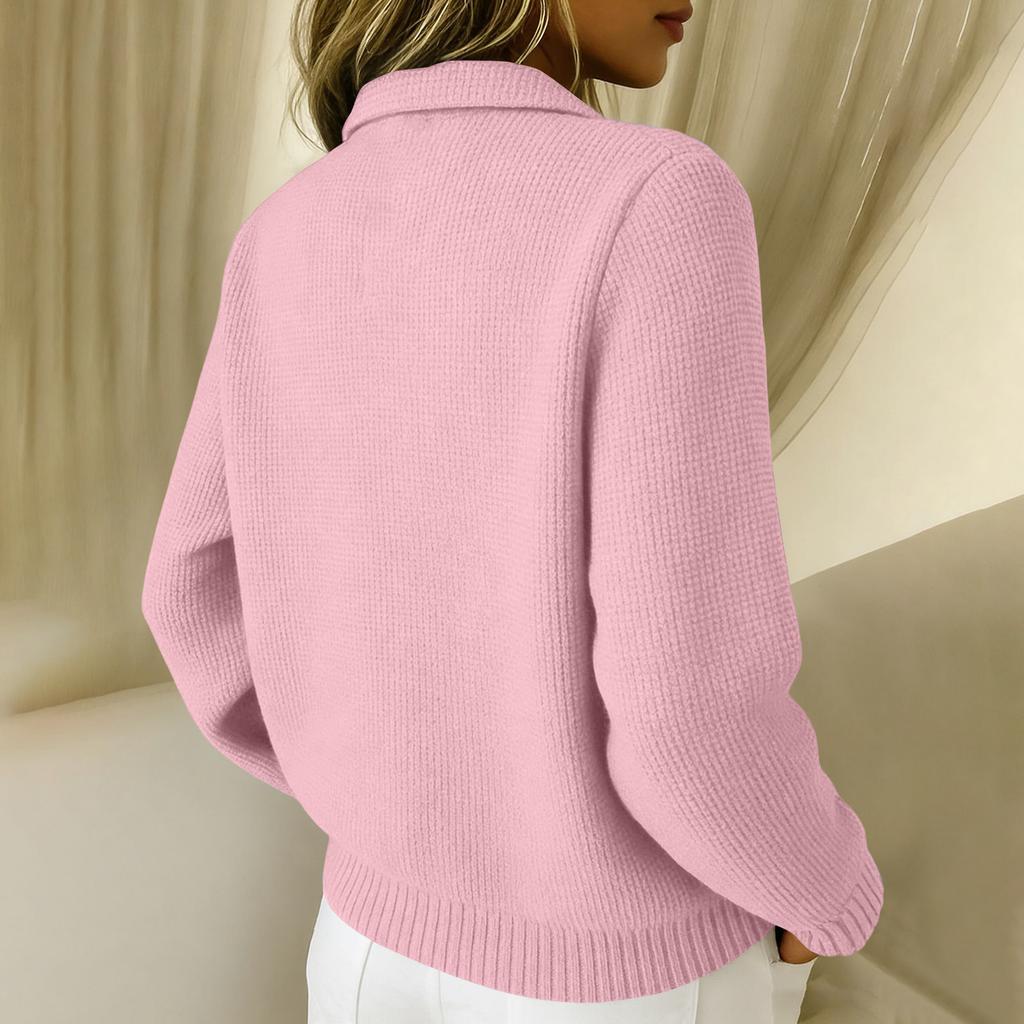 Women's Casual And Fashionable Knitted Collared Solid Color Cardigan