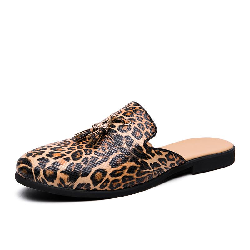 Men's leather slippers heelless large size bag head half slippers men's European station one pedal lazy shoes men's leopard print