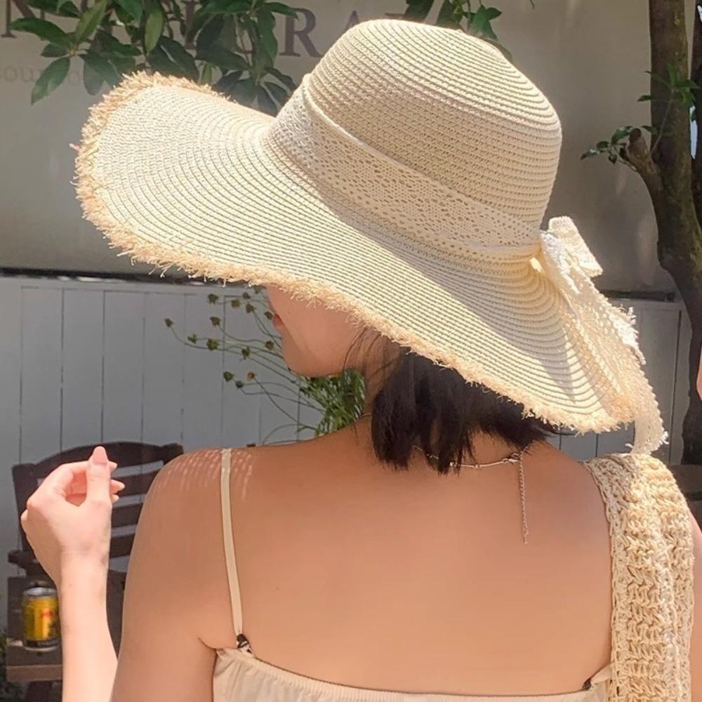 Gifts Lace Outdoor Sun Hat Bow Frills Lace Straw Cap Stylish Elegant French-style Beach Hat