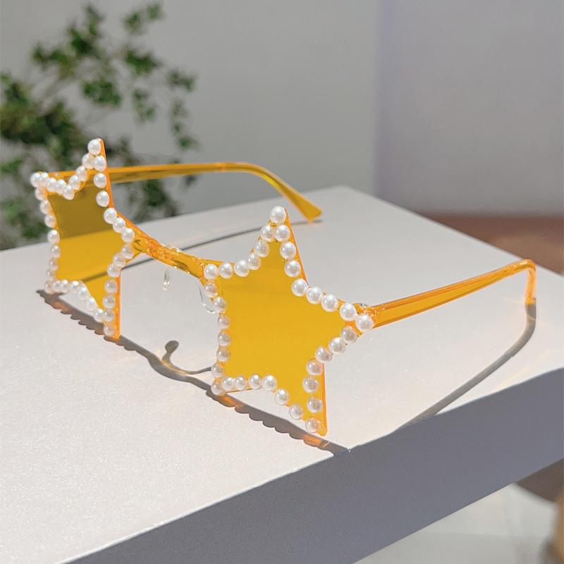 KAMMPT Cute Star Shaped Sunglasses with Pearls Women New Fashion Decor Shades Trendy Original Handmade Outdoor Rave Sun Glasses