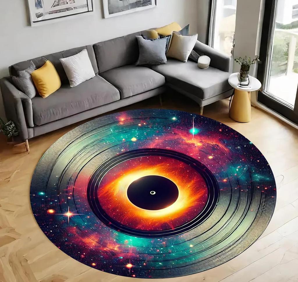 Music Theme Plaque Rug, Round Rug with Music Pattern, Music Motif, Movie Music Cd Carpet, Music Notes Non-slip Floor Mat