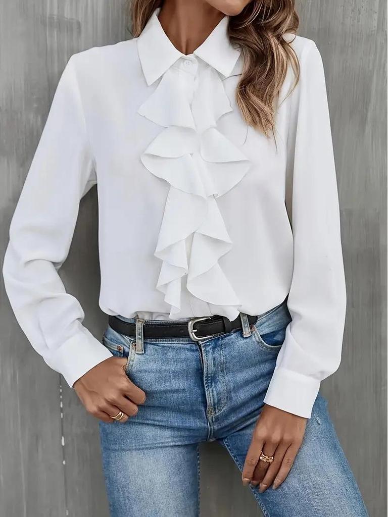 Chemise à manches longues pour femme avec col à volants, bordure champignon et design multi-boutons – Style européen et américain 2026