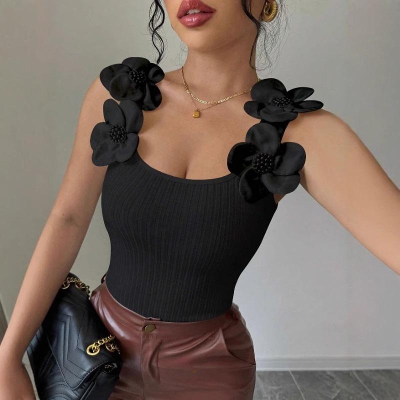 

Модная летняя повседневная вязаная майка без рукавов с цветочным узором, элегантная однотонная повседневная облегающая однотонная простая блузка, жилеты, женская милая одежда L чёрный
