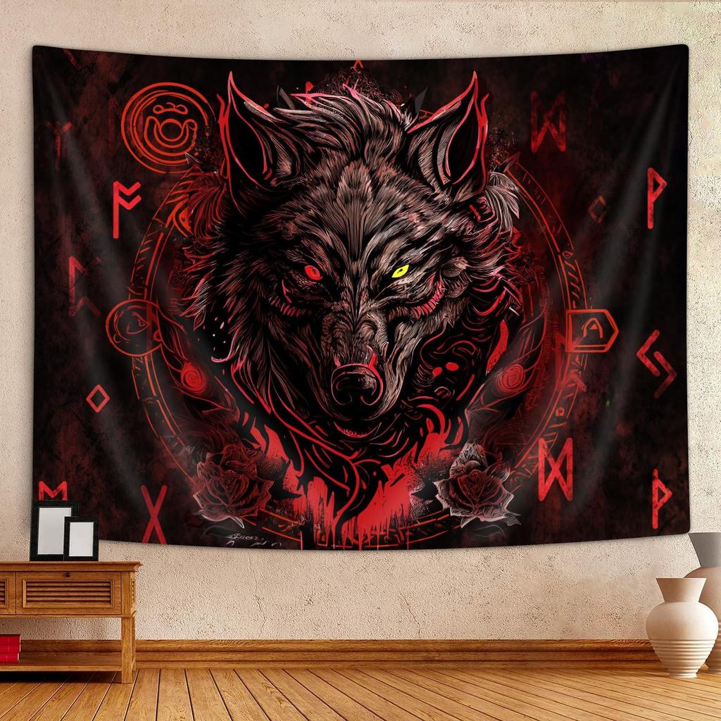 Viking Wolf Tapestry, Norse Mythology Runes Ancient Red Tapestries, Meditation Medieval Mystery Animals Ancient Art Tapestry for