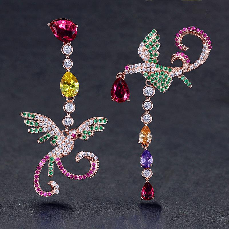 

Этнические длинные серьги с фениксом, серьги с цветным цирконом.