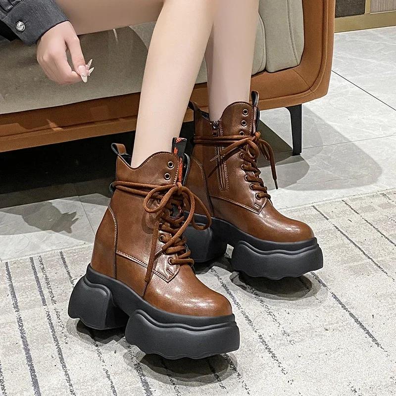 Fashion 11CM Ankle Boots Women Platform Sneakers High Heels Leather Chunky Boots New Autumn Winter Lace Up Motorcycle Boots Botas Mujer