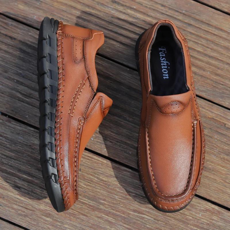 Mens Genuine Leather Casual Shoes Men Vintage Male Hiking Shoes Soft Breathable Walking Loafers Man Classic Lace-Up Sneakers