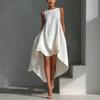 Rochie nouă de vară 2026 din bumbac și in, fără mâneci, cu partea din față scurtă și fustă A-line lungă, neregulată