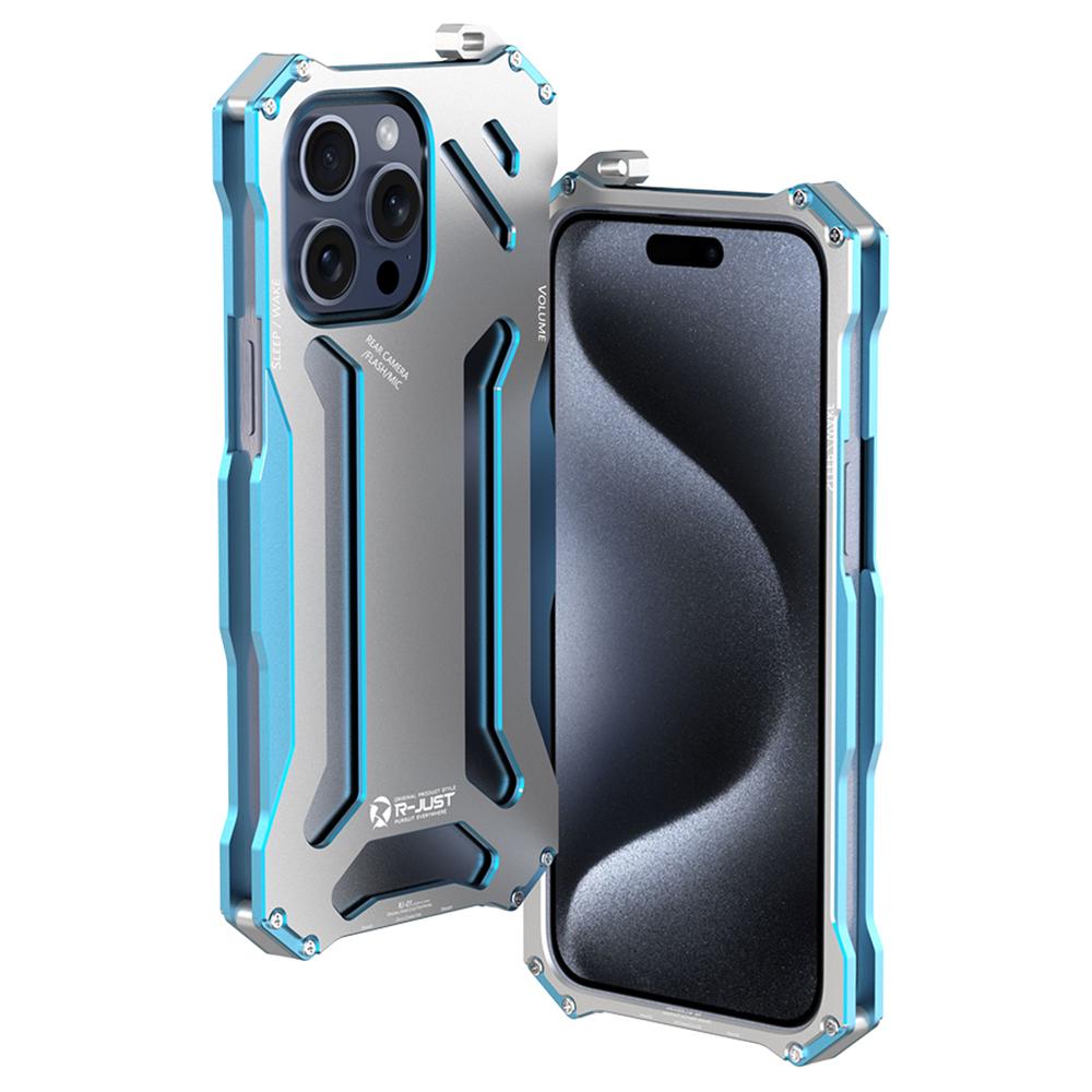 

R-JUST Mechanical Armor For iPhone 15 Pro Max Metal Case Hollow Design Phone Protective Cover Silver/Blue