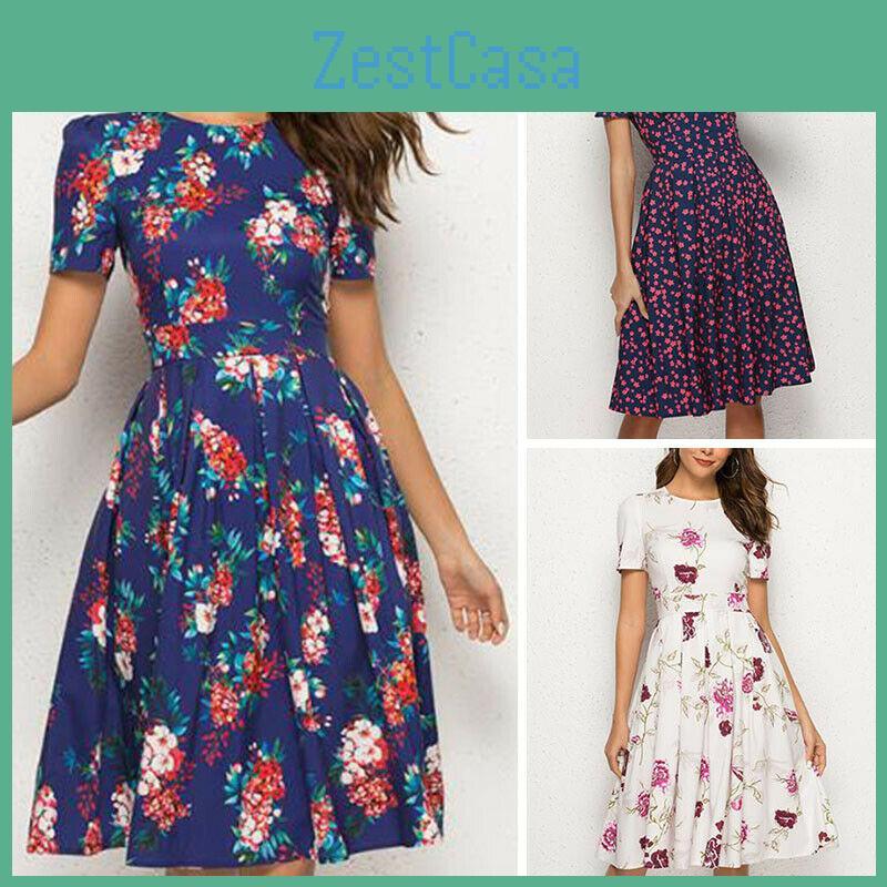 Summer Women Vintage A-line Dress Tunic With Long And Short Sleeve Floral Print