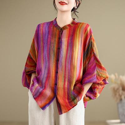 Spring Autumn New Round Neck Long Sleeve Fashion Shirt Women Casual Striped Patchwork Button Cardigan Elegant Cotton Hemp Tops