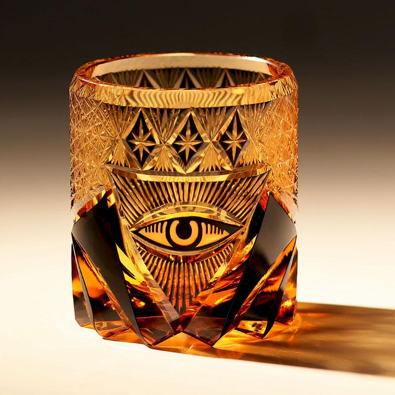 220 Ml New Edo Kiriko Hand Engraved God'S Eye Whiskey Tumbler Amber Luxury Man'S Style Heavy Black Old Fashioned Glass