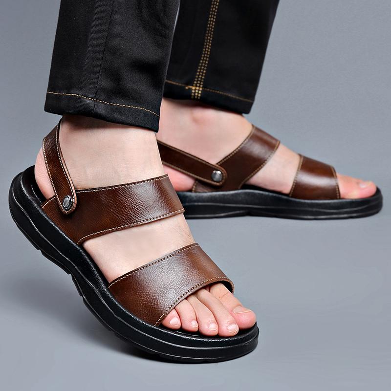 Summer Flats Men's Business Sandals Massage Sole Men Leather Sandals Outdoor Beach Walking Shoes Male Designer Slippers