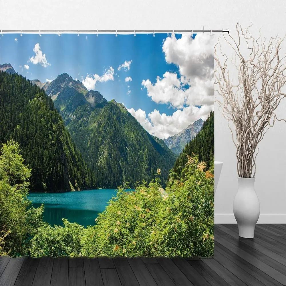 Landscape Waterfall Shower Curtain Tropical Jungle Plant Water Green Waterproof Curtains Nature Scenery Bathroom Decor Set Hooks