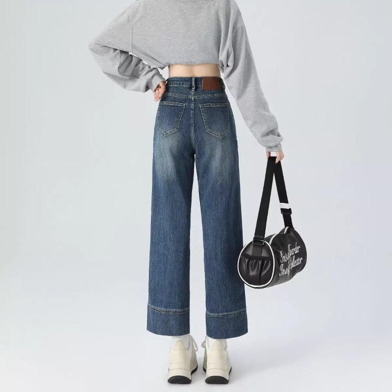 Straight jeans for women, new high-waisted spring and summer denim blue nine-point pipe baguette pants in autumn and winter