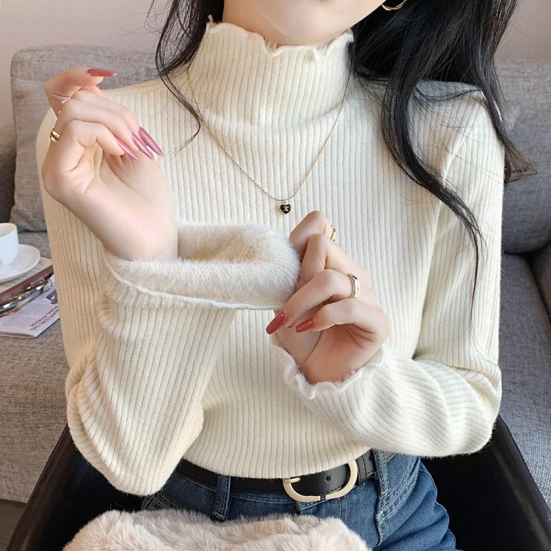

Semi-turtleneck fungus edge top women s autumn and winter thickened warm integrated fleece pit strip knitted sweater with bottoming shirt XL абрикосовый