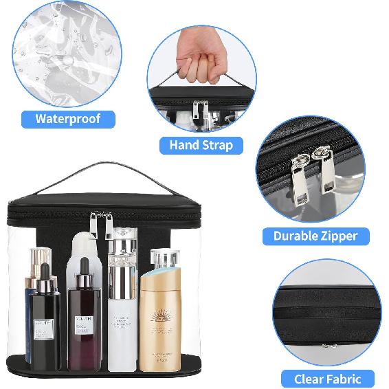 Heavy Duty Leak Proof Clear Travel Bags for Toiletries, Transparent Makeup Cosmetic Bag with Zipper and Handle (Large, Black)
